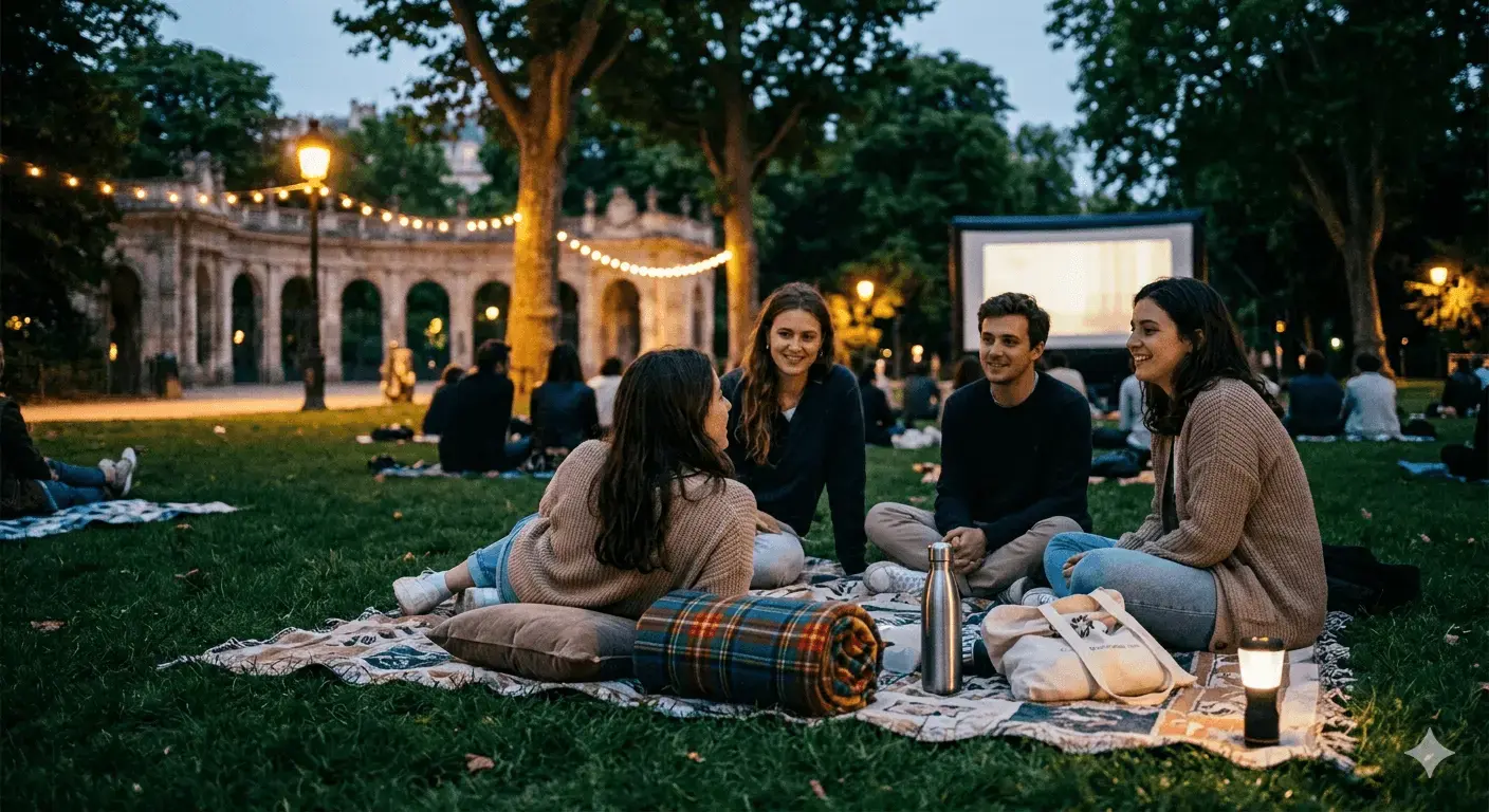 Group of friends during a screening in Parc Monceau